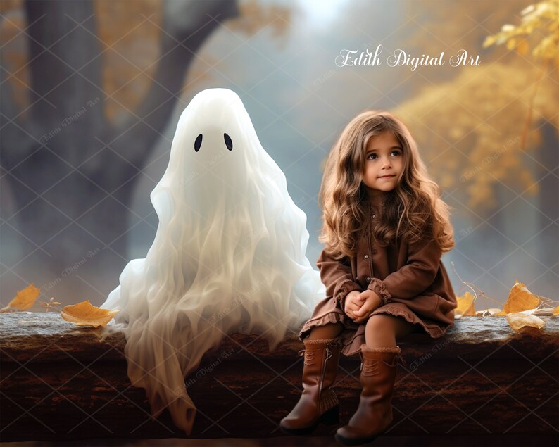 May include: A young girl in a brown dress and brown boots sits on a log with a white ghost beside her. The background is a blurred image of fall foliage.