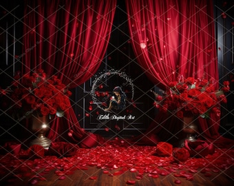 Valentine Digital Backdrop Photography, Floral Digital Background Red Roses Window, Spring Background Composite for Maternity, Kids or Pets.