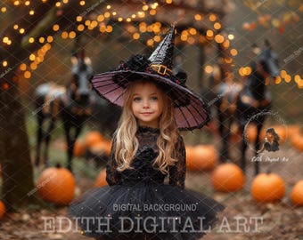 Halloween Digital Backdrop, Black Horse Carousel, Autumn Digital Background Photography, Fall Carnival Composite, Pumpkins Path Woodland