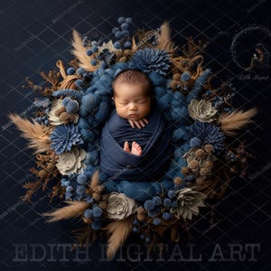 Newborn Digital Backdrop, Blue Navy Floral Nest, Newborn Wreath, Autumn Newborn Photography Portrait,  Digital Newborn Photo Prop Portrait