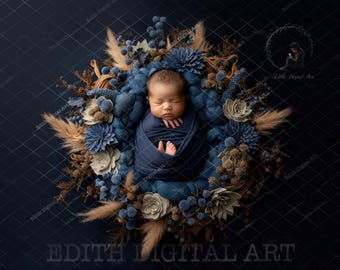 Sfondo digitale per neonati, nido floreale blu navy, ghirlanda per neonati, ritratto fotografico autunnale per neonati, ritratto fotografico digitale per neonati