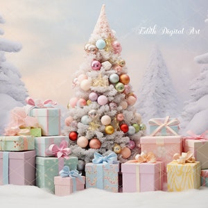 Christmas Digital Backdrop Photography, Magical Christmas Scene, Christmas Tree and Gifts on Polar Snow Land Overlay, for Kids, Toddlers