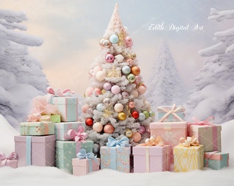 Christmas Digital Backdrop Photography, Magical Christmas Scene, Christmas Tree and Gifts on Polar Snow Land Overlay, for Kids, Toddlers