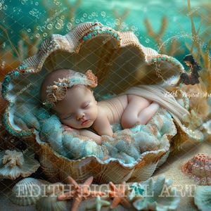May include: A newborn baby sleeping peacefully inside a large seashell, surrounded by other seashells and starfish. The baby is wearing a white headband with a pearl accent and a white wrap.