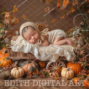 May include: A newborn baby wearing a beige bonnet and bodysuit, sleeping peacefully on a lace-trimmed blanket inside a miniature wooden wagon. The scene is decorated with pumpkins, autumn leaves, and the text "EDITH DIGITAL ART".