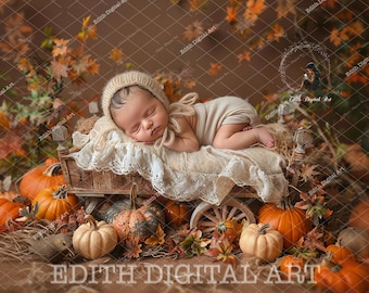 May include: A newborn baby wearing a beige bonnet and bodysuit, sleeping peacefully on a lace-trimmed blanket inside a miniature wooden wagon. The scene is decorated with pumpkins, autumn leaves, and the text "EDITH DIGITAL ART".