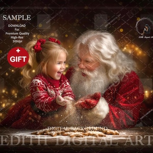 May include: A digital background featuring Santa Claus and a young child, both dressed in red, laughing and playing with what appears to be glitter or snow. The scene is warm and festive, with cookies on a wooden surface. The image includes the text "SAMPLE" and "GIFT".