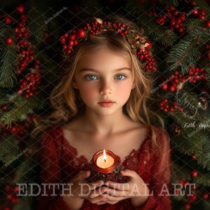 May include: A young girl with long blonde hair wears a red dress and a wreath of red berries. She holds a lit candle in a glass jar, surrounded by a backdrop of lush green Christmas greenery.