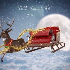 Fotografia di sfondo con slitta e renne di Babbo Natale, sfondo digitale natalizio, modello di Babbo Natale per Photoshop, sovrapposizione composita per le festività.