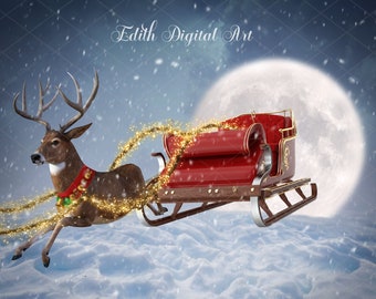 May include: A red sleigh with gold trim is pulled by a brown deer with antlers. The sleigh is decorated with gold glitter and is set against a snowy background with a full moon.
