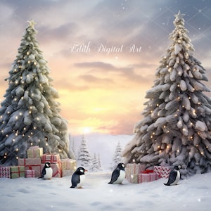 Christmas Digital Backdrop Photography Composite, Xmas Background Template, Holiday Christmas Tree Theme, Snow Winter Forest, North Pole