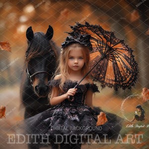 Fall Digital Backdrop with Black Horse, Autumn Forest Scene for Studio or Outdoor Portraits, Nature Photography Composite, Instant Download