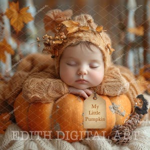 May include: A sleeping baby wearing a brown knitted hat with fall leaves and a tag that says "My Little Pumpkin" is nestled in a large orange pumpkin.