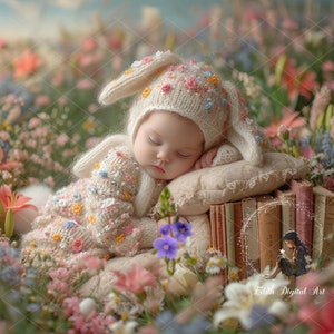 Newborn Digital Background Photography, Easter Bunny Newborn Digital Backdrop Composite, Newborn Face Inset Rabbit on Spring Floral Field