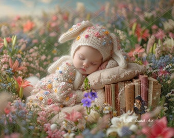 Newborn Digital Background Photography, Easter Bunny Newborn Digital Backdrop Composite, Newborn Face Inset Rabbit on Spring Floral Field