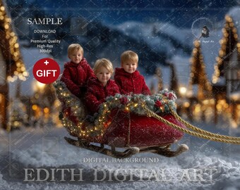 Christmas Digital Backdrop Composite, Santa Sleigh Flying Digital Background Photography, Fantasy Holiday Portrait for Kids & Pets, Download