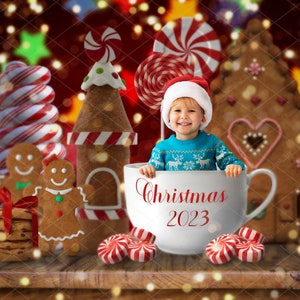 Christmas Digital Backdrop, Christmas Background Mug Photography Composite, Holiday Gingerbread Picture For Kids, Toddler, and Newborn.