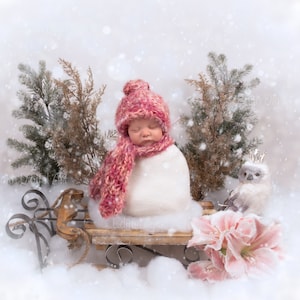 Christmas  Newborn Face Insert Digital Backdrop for Baby Girl. Winter Snowy Snowman on Sleigh Newborn Photography Composite Background.