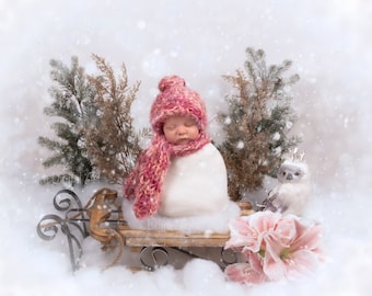 Christmas  Newborn Face Insert Digital Backdrop for Baby Girl. Winter Snowy Snowman on Sleigh Newborn Photography Composite Background.