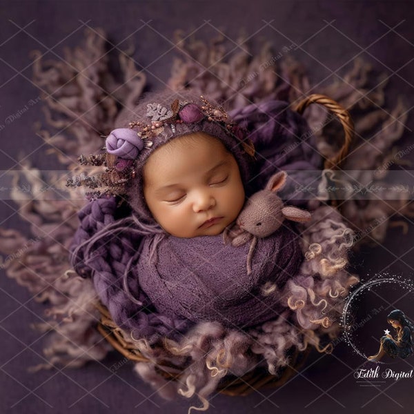 Newborn Digital Backdrop Photography, Face Insert Baby Digital Background Girl, Add Face Digital Photo Prop Composite, Purple Floral Basket