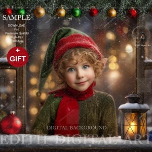 Puede incluir: Un fondo digital con un niño disfrazado de elfo, con un gorro y bufanda verdes y rojos, con un árbol de Navidad borroso en el fondo. La imagen incluye texto que dice "SAMPLE", "DOWNLOAD For Premium Quality High-Res 300dpi", y "+ GIFT".