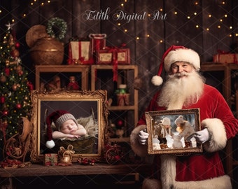 Photographie de toile de fond numérique de Noël, superposition de fond numérique de Santa Holging Frame, superposition de modèle de photoshop de scène de père Noël magique