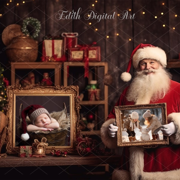 Christmas Digital Backdrop Photography, Santa Holging Frame Digital Background Overlay, Magical Santa Scene Photo Photoshop Template Overlay