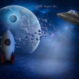 Ruimte digitale achtergrond. Ruimteschip op heuvel, astronaut op ruimteachtergrond, fotografie-samengestelde portretten, digitale rekwisieten in de ruimte voor kinderen.