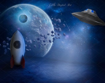 May include: A white rocket ship with red fins stands on a blue and gray surface. A large blue planet with a smaller blue moon is in the background. A gray flying saucer with blue lights is in the upper right corner of the image. The background is a dark blue with stars.