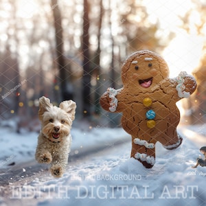 Fotografía digital navideña divertida para niños y mascotas: pan de jengibre corriendo en un bosque nevado invernal, retrato al aire libre, composición navideña