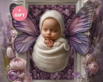 Newborn Digital Backdrop, Baby Girl Butterfly Wings, Spring Floral Frame, Digital Background Photography Composite. Instant Download