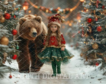 May include: A young girl wearing a red and gold Christmas dress and a red Santa hat stands in a snowy forest with a brown bear. The girl is holding a red and gold Christmas ornament. The forest is decorated with Christmas lights and ornaments.