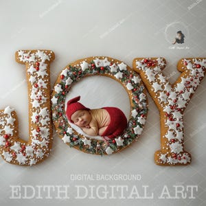 Christmas Digital Backdrop, Newborn Digital Background, Newborn White Studio Photography Overlay, Gingerbread JOY,  Baby Photo Digital Prop