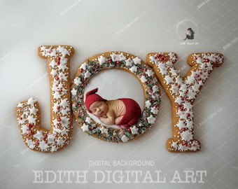 Christmas Digital Backdrop, Newborn Digital Background, Newborn White Studio Photography Overlay, Gingerbread JOY,  Baby Photo Digital Prop