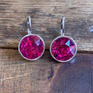Fuchsia Rhodium-Plated Regular Round Bella  Earrings made with Genuine SWAROVSKI Crystals