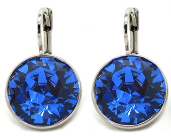 Crystal Round Bella Rhodium-Plated Sapphire Regular Earrings made with Genuine SWAROVSKI Crystals