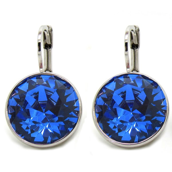 Crystal Round Bella Rhodium-Plated Sapphire Regular Earrings made with Genuine SWAROVSKI Crystals