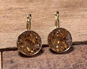 Round Bella Gold- Plated Light Colorado Topaz Earrings made with Genuine SWAROVSKI Crystals