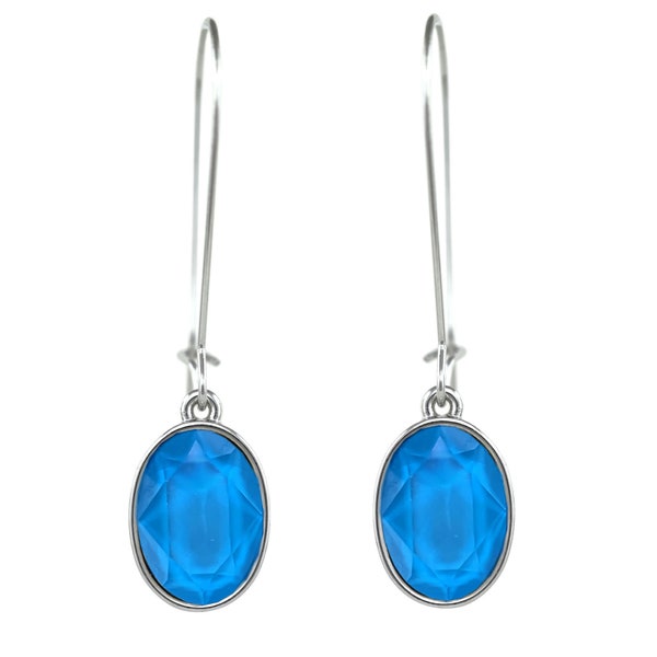 Oval Puzzle Women Caribbean Blue Opal Pierced Earrings on a Hoop made with Genuine SWAROVSKI Crystals