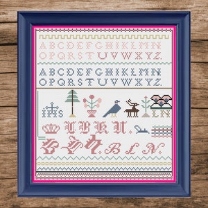 Könnte beinhalten: Ein gerahmter Kreuzstich-Sampler mit weißem Hintergrund und bunter Stickerei. Der Sampler zeigt das Alphabet in Groß- und Kleinschreibung sowie verschiedene florale und tierische Motive. Der Text "S", "LN", "WLB KU" und "BU UB L N" ist ebenfalls enthalten.