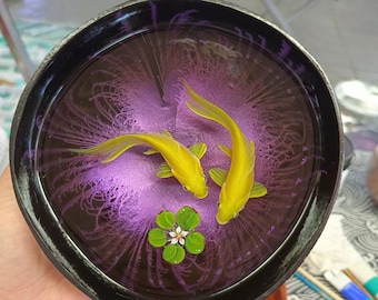 Elevate Your Space with this Unique Handmade Koi Fish Resin Painting in a Colorful Coconut Bowl - Perfect for Home Decor & Feng Shui