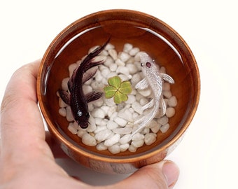 Yin Yang Koi Fish Resin Art – Handpainted Ocean Pond in Wooden Bowl