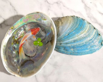 Koi fish resin painting in blue abalone shell, resin art, fish art, beach lover gift, resin aquariums, college graduation gift for her