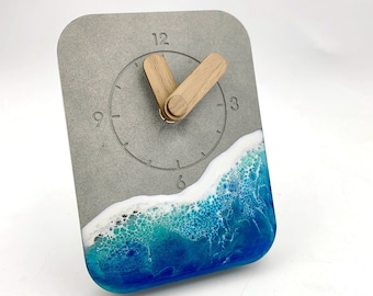 Ocean Wood Table Clock, Blue Wood Desk Clock Table Hand Painted, Natural Wood Desk Clock Circle