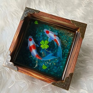 Colorful koi fish couple resin painting in a rustics wooden box, hand painting creative home furnishing , one of a kind art decoration