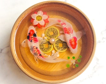 Kohaku and Taisho Sanke with Lotus Flower Resin Art, best anniversary gift, fish painting, table decor, resin art for sale, resin painting