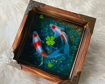 Colorful koi fish couple resin painting in a rustics wooden box, hand painting creative home furnishing , one of a kind art decoration