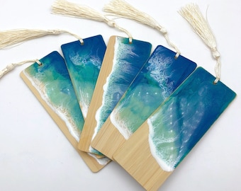 Handmade Ocean Bookmarks - Unique Beachy Gift for College Students and Beach Lovers - Durable Resin and Pigment - Bamboo Accent