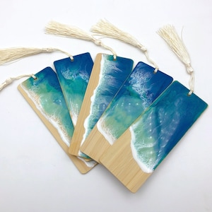 Handmade Ocean Bookmarks - Unique Beachy Gift for College Students and Beach Lovers - Durable Resin and Pigment - Bamboo Accent