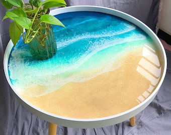 15" Ocean End Table, Nightstand, Resin Table, Live Edge Coffee Table, Living Room Furniture Table Ocean Resin Epoxy Table